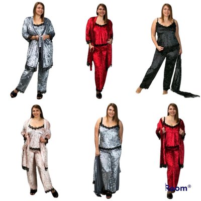 Домашній жіночий комплект БАТАЛ 3-ка халат + штани + майка, велюровий, кольору червоний, молочний, чорний 252543 фото
