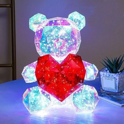 Хрустальний Ведмежатко Геометричний Ведмедик 3D LED Teddy Bear нічник з червоним серцем 25 см NTED25 фото