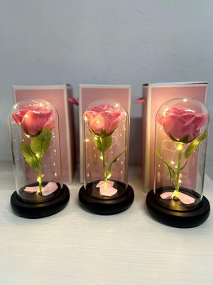 Троянда в колбі під скляним куполом стабілізована квітка Pink з підсвіткою Велика PINRO60 фото